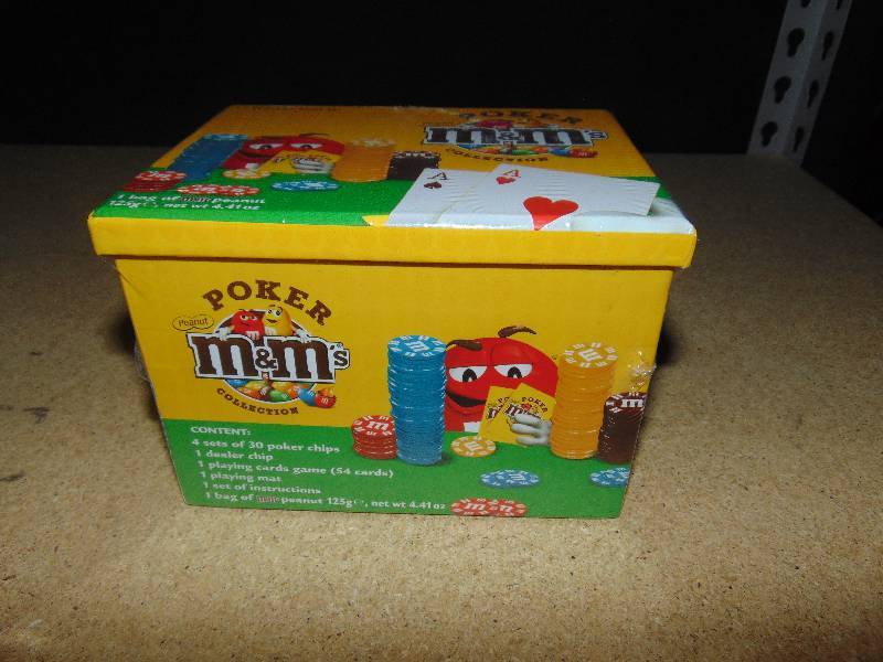 lot 4092 image: M&Ms Poker Set Box-Sealed, Includes 4 sets, 30 chips, playing cards, playing mat, (1) bag peanuts