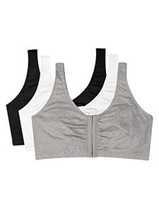 lot 43000019 image: Fruit of the Loom Womens Front Close Builtup Sports Bra, BlackWhiteHeather Grey 3-Pack, 34