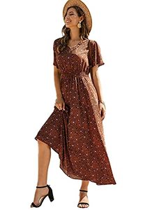 lot 43000030 image: Floerns Womens Short Sleeve Boho Floral Dress A Line Smocked Midi Dress Rust Brown S
