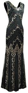 lot 43000032 image: 1920s Sequin Mermaid Formal Long Flapper Gown Party Evening Dress (Large, Style Long Black Gold)