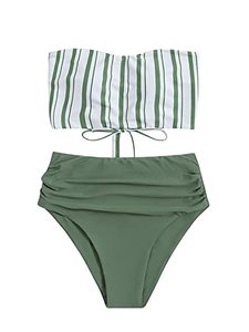 lot 43000038 image: SweatyRocks Womens Bathing Suits Striped Bandeau Bikini high Waisted Swimsuits Swimwear Set Army Green L