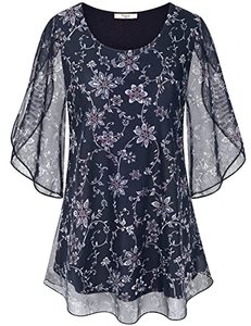 lot 43000045 image: SeSe Code Chiffon Blouses for Women Business Casual,Womens Blouses and Tops Dressy Half Sleeve Shirts Crew Neck Elegant Tops Summer Trendy 2022 Navy Blue Floral L