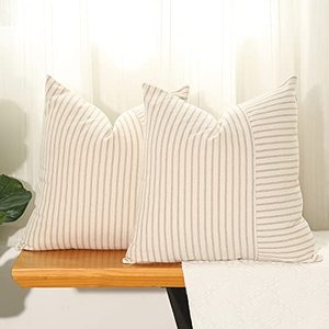 lot 43000046 image: Hckot Khaki and Beige Patchwork Farmhouse Throw Pillow Covers 20 x 20 Inch, Pack of 1 Striped Linen Decorative Pillow Case for Sofa Couch Chair Bedroom Modern Decor (20 x 20, Khaki)