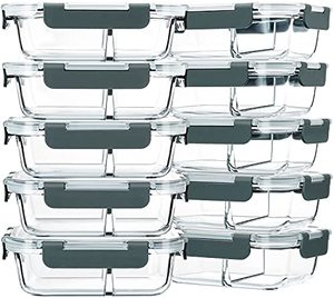 lot 43000050 image: M MCIRCO 10-Pack,22 Oz Glass Meal Prep Containers 2 Compartments, Airtight Glass Lunch Bento Boxes with Lids, Glass Food Storage Containers, BPA-Free, Microwave, Oven, Freezer and Dishwasher