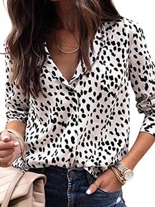 lot 43000056 image: CUPSHE Womens Button Down V Neck Shirts Long Sleeve Work Blouse Animal Print Tops, White Animal Print M
