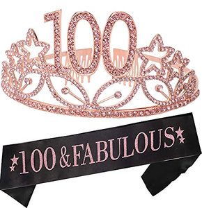 lot 43000064 image: MEANT2TOBE 100th Birthday Sash and Tiara for Women - Fabulous Glitter Sash  Stars Rhinestone Pink Premium Metal Tiara for Her, 100th Birthday Gifts for 100 Celebration