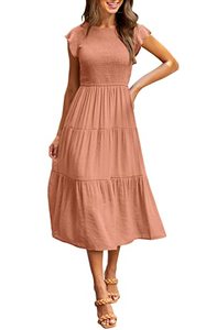 lot 43000070 image: KYL Womens Summer Casual Midi Maxi Dress Boho Flutter Sleeve Smocked A-Line Long Dress Coral Small