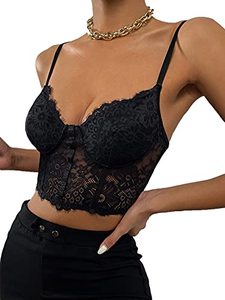lot 43000073 image: SheIn Womens Lace Casual Camisole Cami Crop Tank Tops Lingerie Bustier Spaghetti Strap Crop Top Black XS