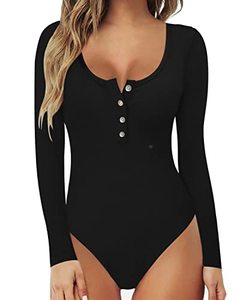 lot 43000091 image: MANGOPOP Womens Henley Shirt Scoop Neck Button Down Ribbed Sleeveless Tank Top Long Sleeve Short Sleeve Bodysuits (B Long Sleeve Black, Medium)