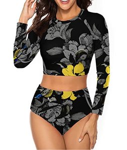 lot 43000100 image: Wolddress Womens Rash Guard Swimsuit 2 Piece Long Sleeve Sun Protection Bikini Swimwear Black-Yellow Floral L