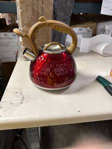 lot 43000118 image: Tea Kettle, Toptier Teapot Whistling Kettle with Wood Pattern Handle Loud Whistle, Food Grade Stainless Steel Tea Pot for Stovetops Induction Diamond Design Water Kettle, 2.7-Quart Red