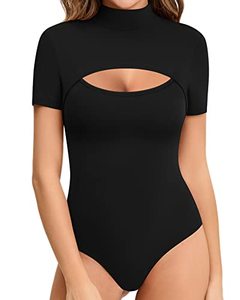 lot 43000133 image: MANGOPOP Mock Neck Sexy Cutout Front T Shirt Sleeveless Long Sleeve Short Sleeve Bodysuit for Women (C Short Sleeve Black, Medium)
