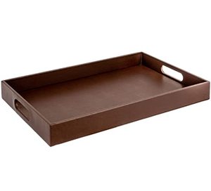 lot 43000177 image: Home Redefined Beautiful Modern Elegant 18x12 Rectangle Classic Brown Faux Leather Decorative Ottoman Coffee Table Perfume Living Room Kitchen Serving Tray with Handles for All Occasions