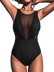 lot 43000196 image: ATHMILE Womens Mesh One Piece Swimsuit High Neck Tummy Control Monokini Swimwear Black