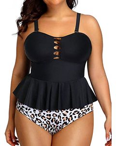 lot 43000200 image: Yonique Plus Size Swimsuits for Women Tummy Control Two Piece Bathing Suits Peplum Tankini Tops High Waisted Swimwear Black & Leopard 14plus