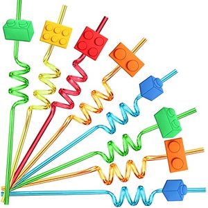 lot 43000210 image: 25 Building Blocks Party Favors Brick Block Drinking Straws for Building Blocks Birthday Party Supplies with 2 PCS Straws Cleaning Brush