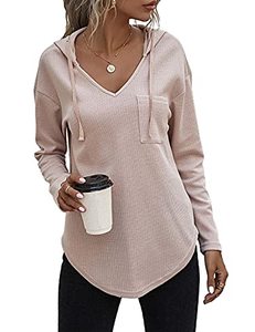 lot 43000219 image: morhuduck Womens V Neck Hoodies Long Sleeve Sweatshirt Drawstring Pullover Tops with Pocket (Apricot L)