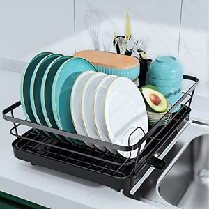 lot 43000235 image: Sakugi Dish Drying Rack - Compact Dish Rack for Kitchen Counter with a Cutlery Holder, Durable Stainless Steel Kitchen Dish Rack for Various Tableware, Dish Drying Rack with Easy Installation, Black