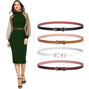 lot 43000248 image: SANSTHS Set of 3 Womens Thin Belts Skinny Leather Belt with Gold Alloy Buckle (Brown Coffee White, S)