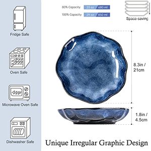 lot 43000251 image: Ceramic Bowls Set for Pasta, Salad, Cereal, Dessert - 8 Inch Wide and Shallow Soup Plates, Side Dishes Set of 2, Stoneware Dinnerware Set Microwave, Dishwasher Safe, Reactive Glaze Blue