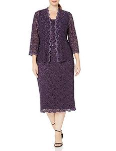 lot 43000259 image: Alex Evenings womens Plus Size Tea Length Lace and Jacket Special Occasion Dress, Eggplant, 18 Plus