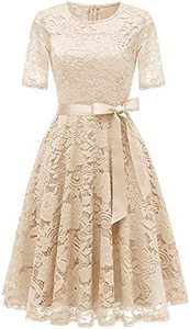 lot 43000272 image: DRESSTELLS Fall Champagne Wedding Guest Dresses, Fall Champagne Lace Mother of The Bride Summer Dress with Belt Short Sleeve Champagne M