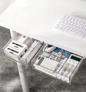 lot 43000276 image: 2 Pack Under Desk Storage Drawer Slide Out, Self Adhesive Under Desk Drawer Organizer Hidden Under Table Drawer Stick On Pencil Storage Organizer Desk Accessories & Workspace Organizers Clear