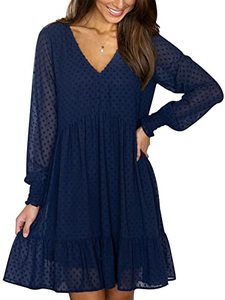 lot 43000283 image: FAMITION Womens Swiss Dot Dress Long Sleeve V Neck Tunic Dress Casual Flowy Ruffle Swing Chiffon Mini Dresses Blue M
