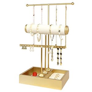 lot 43000288 image: Funlove Jewelry Organizer Stand 3-in-1 Jewelry Holder for Necklaces Bracelet Earrings & Ring Jewelry Tree Jewelry Tower Metal & Wood-Gold
