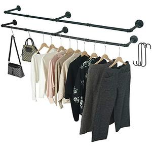 lot 43000291 image: Crehomfy Industrial Pipe Clothes Rack with 3 S-shaped Hooks, 72��L Wall Mounted Garment Rack, Heavy Duty Iron Garment Bar, Clothes Hanging Rod Bar for Laundry Room, Max Load 135Lb Black (2 Package)