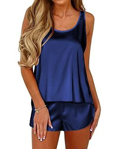 lot 43000292 image: Ekouaer Satin Pajamas Short Set for Womens Sleepwear Nightwear Soft Pj Lounge Sets Navy Blue Large