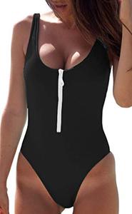 lot 43000300 image: CHYRII Womens Retro 80s90s Sexy Backess Ziper Front Cheeky One Piece Swimsuits Black S