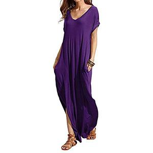 lot 43000315 image: Match Women V-Neck Long Sleeve Plain Irregular Pockets Long Dress #152(Blue,S)