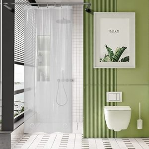 lot 43000317 image: AmazerBath Plastic Small Shower Curtain Liner, 36 x 72 Weighted Narrow Clear Shower Curtain, EVA Stall Shower, Heavy Duty Stand Up Shower Curtains with 2 Weights and 6 Grommet Holes