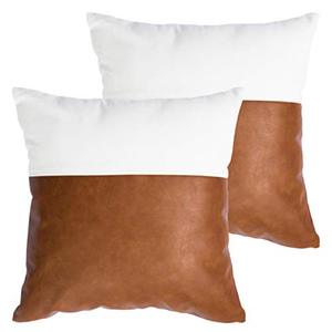 lot 43000349 image: HOMFINER Faux Leather and 100% Cotton Decorative Throw Pillow Covers for Couch Bed Sofa, 18 x 18 inch Modern Home Decor Accent Square Bedroom Living Room Cushion Cases Cognac Brown White