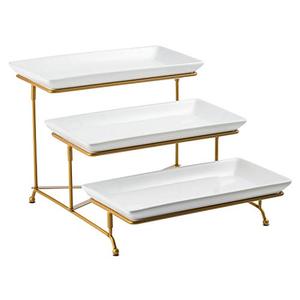 lot 43000350 image: LAUCHUH 3 Tier Serving Stand with Porcelain Serving Platter Tier Serving Trays with Collapsible Sturdier Rack, Thanksgiving Serving Dishes and Platters,Gold, 12 Inch