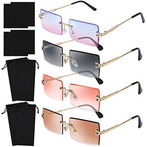 lot 43000358 image: URATOT 4 Pack Rimless Rectangle Sunglasses Vintage Rimless Eyewear Retro Sunglasses Metal Frame Eyewear for Men Women (Gray,Tea,Pink,Blue-pink)
