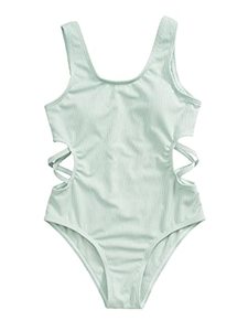 lot 43000360 image: Milumia Girls Cute Ribbed Knit One Piece Swimsuit Cut Out Scoop Neck Bathing Suit Dusty Blue Childs 14