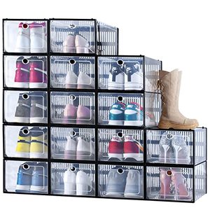 lot 43000365 image: INSTY Shoe Organizer Storage Boxes for Closet 16 Packs, Clear Plastic Stackable Shoe Storage Bins with Lids, Under Bed Shoe Storage for Entryway, Drop Front Shoe Box with Door, Fit up to Size 11 (13.4 9.86.3)