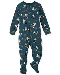 lot 43000368 image: The Childrens Place Baby Single and Toddler Boys Snug Fit 100% Cotton Zip-Front One Piece Footed Pajama, Raccoon Print, 9-12 Months