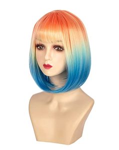 lot 43000370 image: LnnZuu Multi Color Ombre Wig With Air Bangs Short Straight Bob Wig Colorful Wigs for Halloween Cosplay Party ��