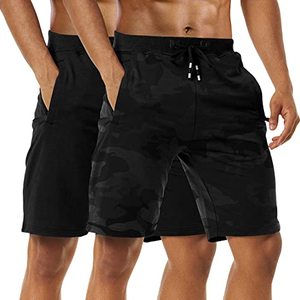 lot 43000382 image: Boyzn Mens 2 Pack Athletic Shorts Casual Cotton Shorts Workout Running Shorts Quick Dry Lightweight Gym Shorts with Zip Pockets BlackCamo-L