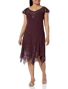 lot 43000386 image: J Kara Womens Flutter Sleeve Hanky Hem Short Cocktail Beaded Dress, WineMulti, 12