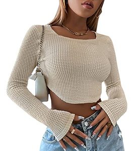 lot 43000409 image: MISSACTIVER Womens Waffle Knit Long Sleeve Crop Top Casual Square Neck Solid Slim Fit Yoga Cropped Tee Shirt Pullover Apricot Large