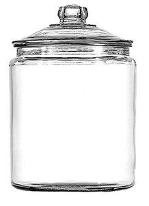 lot 43000420 image: Anchor Hocking 1 Gallon Heritage Hill Glass Jar with Lid (4 piece, all glass, dishwasher safe) lid damaged base are in perfect condition 