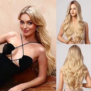 lot 43000426 image: Honygebia Blonde Middle Part Wig - Long Wavy Ombre Blond Wigs with Dark Roots for Women, Curly Synthetic Heat Resistant Hair, Natural Looking Cute Wigs for ThanksgivingChristmasCosplayParty