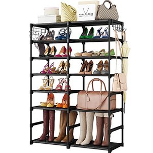 lot 43000437 image: Kottwca 8 Tiers Shoe Rack Shoe Storage Organizer for Entryway Holds 26-30 Pairs Shoes and Boots, Metal Shoe Stand Organizer Shelving Cabinet with Versatile Hooks Wooden Hammer for Bedroom Black