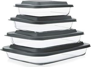 lot 43000441 image: 8-Piece Deep Glass Baking Dish Set with Plastic lids,Rectangular Glass Bakeware Set with BPA Free Lids, Baking Pans for Lasagna, Leftovers, Cooking, Kitchen, Freezer-to-Oven and Dishwasher, Gray