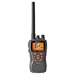 lot 43000445 image: Cobra MR HH350 FLT Handheld Floating VHF Radio - 6 Watt, Submersible, Noise Cancelling Mic, Backlit LCD Display, NOAA Weather, and Memory Scan, Grey
