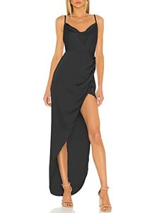 lot 43000456 image: Aigeman Womens Sexy Spaghetti Straps Backless Satin Maxi Dress High Slit Drape Cowl Neck Cocktail Party Dress 72128 (Medium, Black)